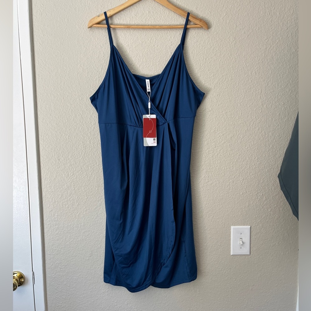 NWT Poseshe Slip Dress Spaghetti Camisole Strap Blue Wrap Sress Short Satin XL